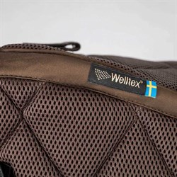 Tæt på Welltex logo af Back on Track sadelunderlags top i Airflow model 