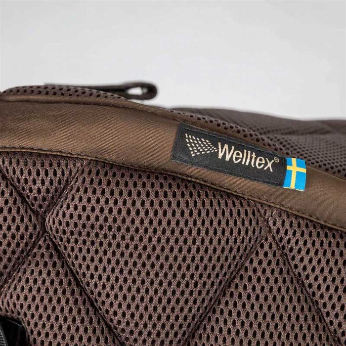Tæt på Welltex logo af Back on Track sadelunderlags top i Airflow model 