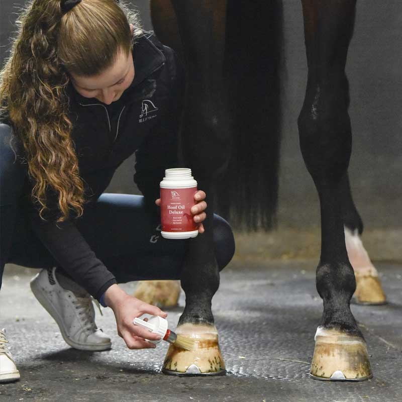 Blue hors Hoof oil deluxe, rytter smører på hests hove