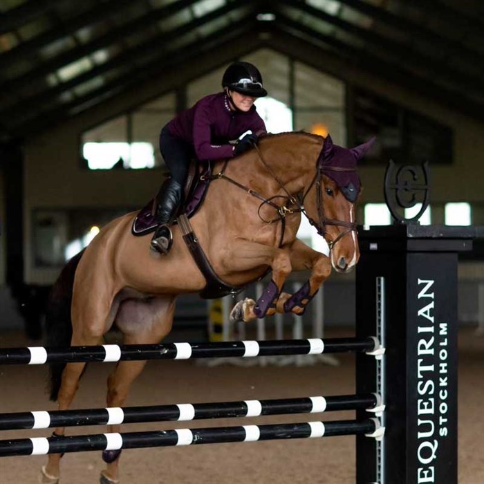 Equestrian Stockholm hut lilla Black Raven på hest der springer