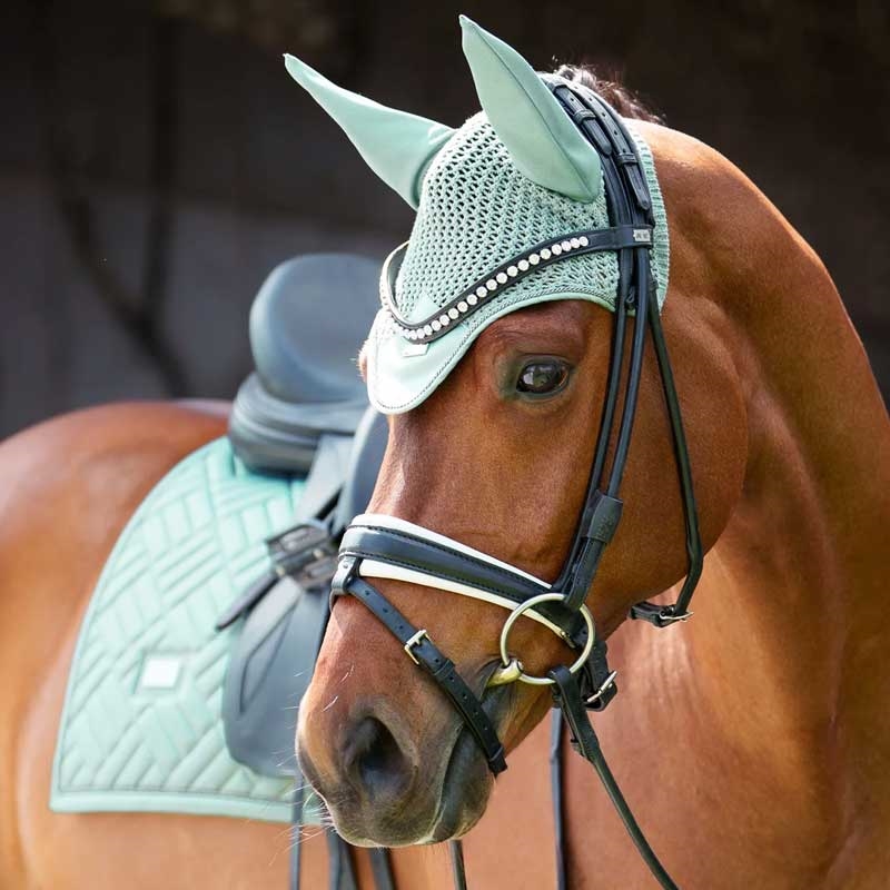 Equestrian Stockholm hut "Modern Mint Green" fra siden på rød hest